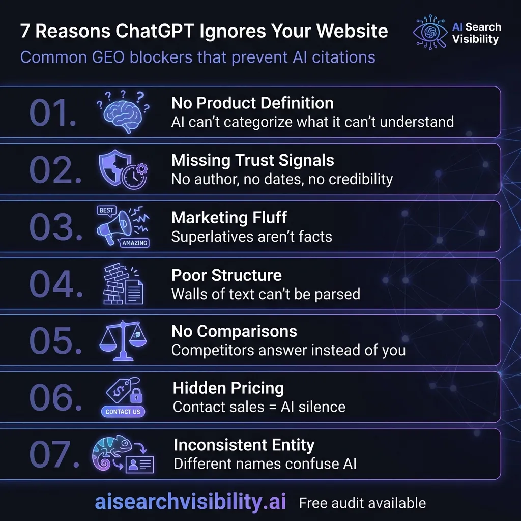 Infographic showing 7 reasons AI ignores websites: 1. No clear product definition, 2. Missing trust signals, 3. Marketing fluff instead of facts, 4. Poor content structure, 5. No comparison content, 6. Hidden pricing, 7. Inconsistent entity information