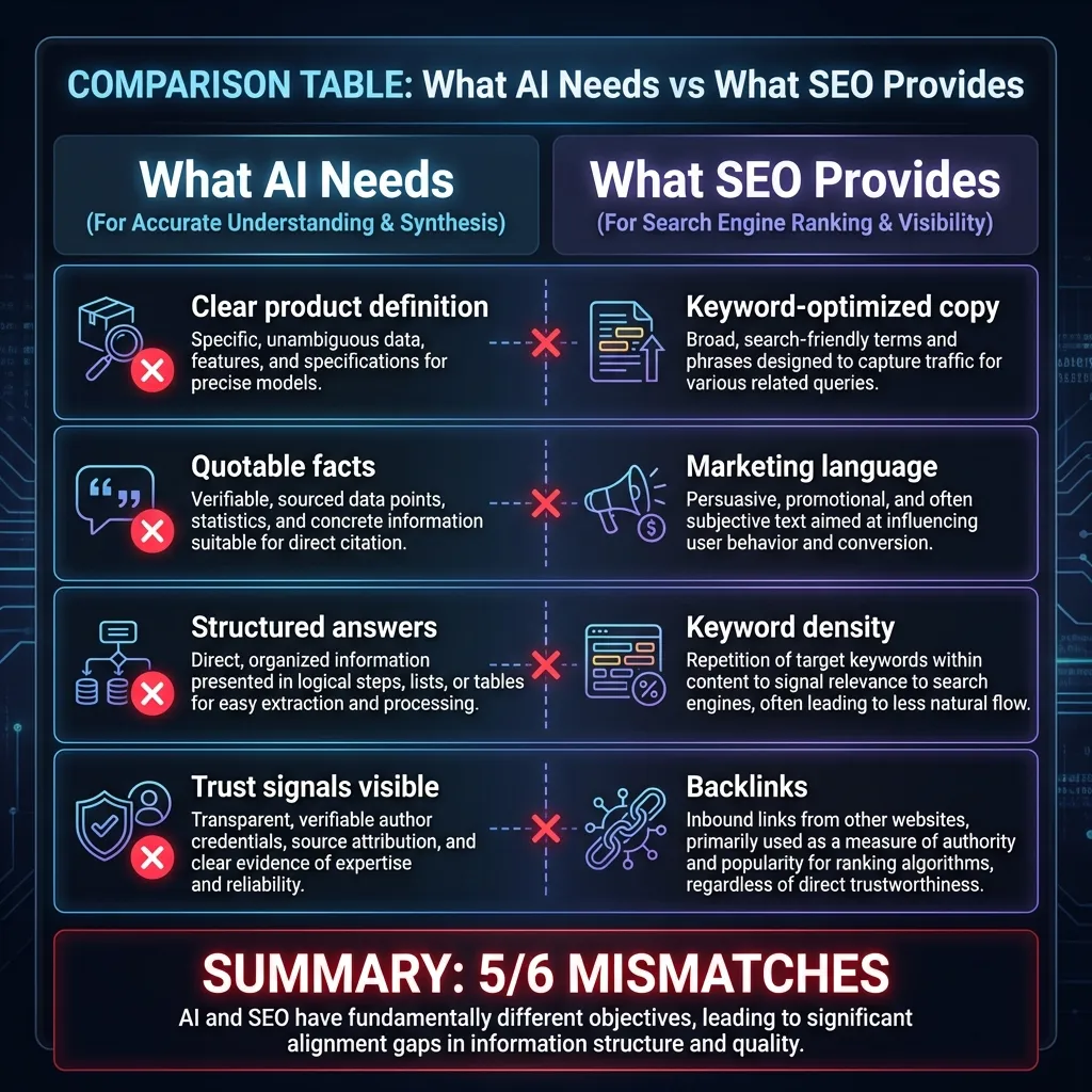 Two-column comparison table showing what AI needs (clear product definition, quotable facts, structured answers, visible trust signals, schema markup, entity consistency) versus what SEO provides (keyword-optimized copy, marketing language, keyword density, backlinks, meta tags, varied keyword phrases) with mismatch indicators showing 5/6 mismatches equals invisibility