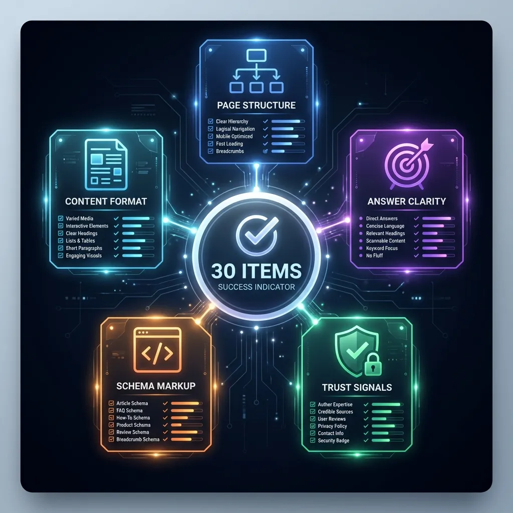 Summary checklist for getting into Google AI Overviews: page structure, answer clarity, trust signals, schema markup, and content format