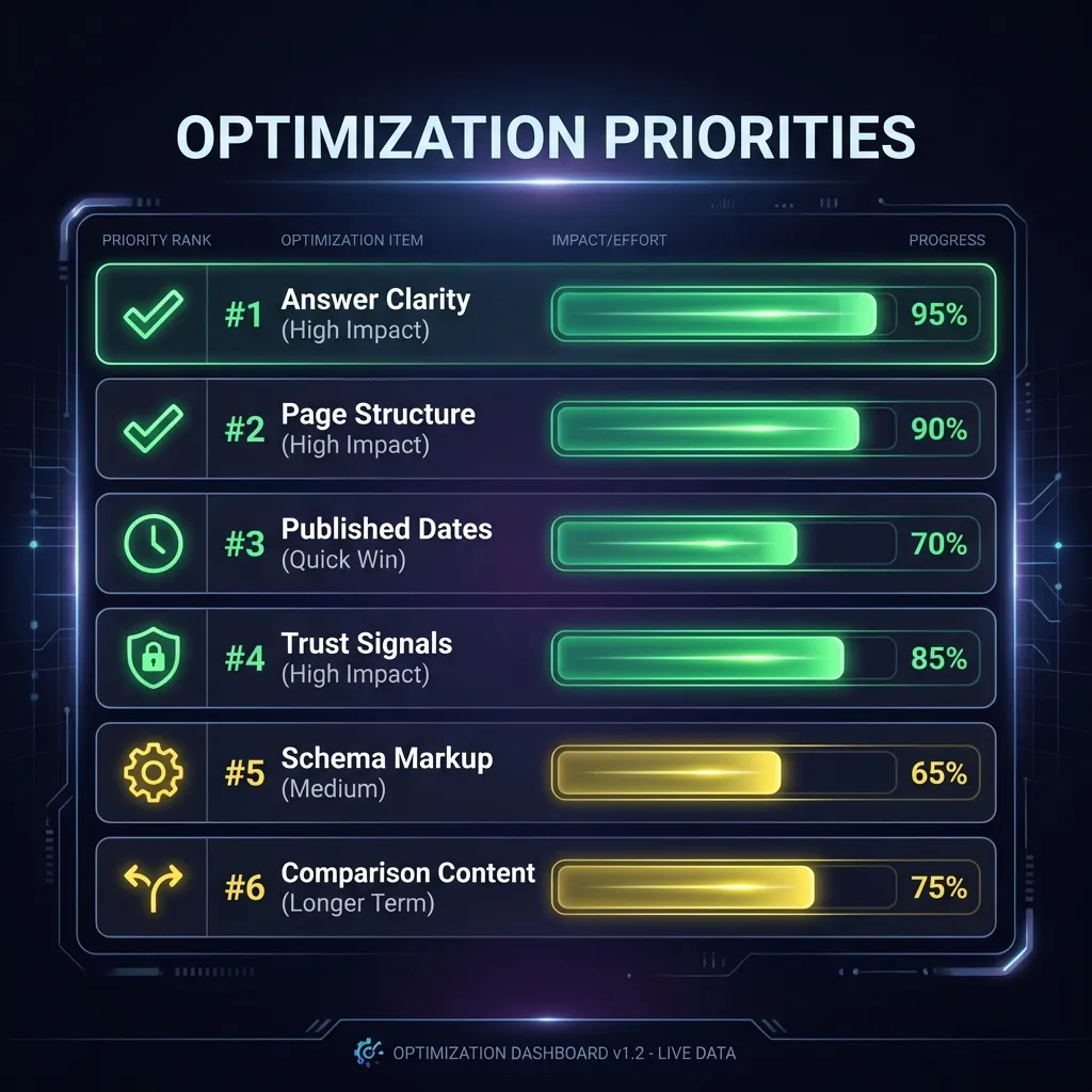 Three-part checklist for AI Overview optimization: page structure, answer clarity, and trust signals