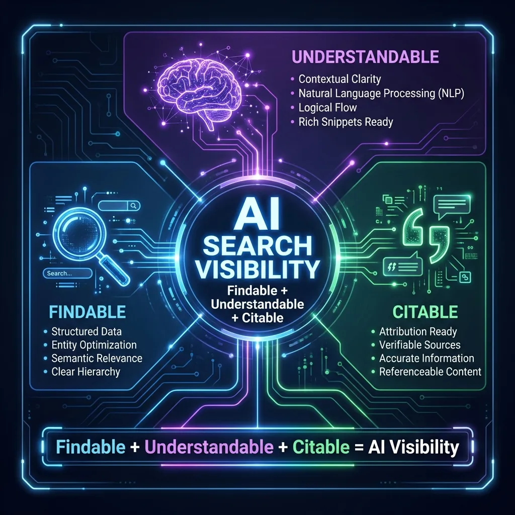Diagram showing AI search visibility concept: website content flowing through AI systems to generate answers that cite or ignore sources