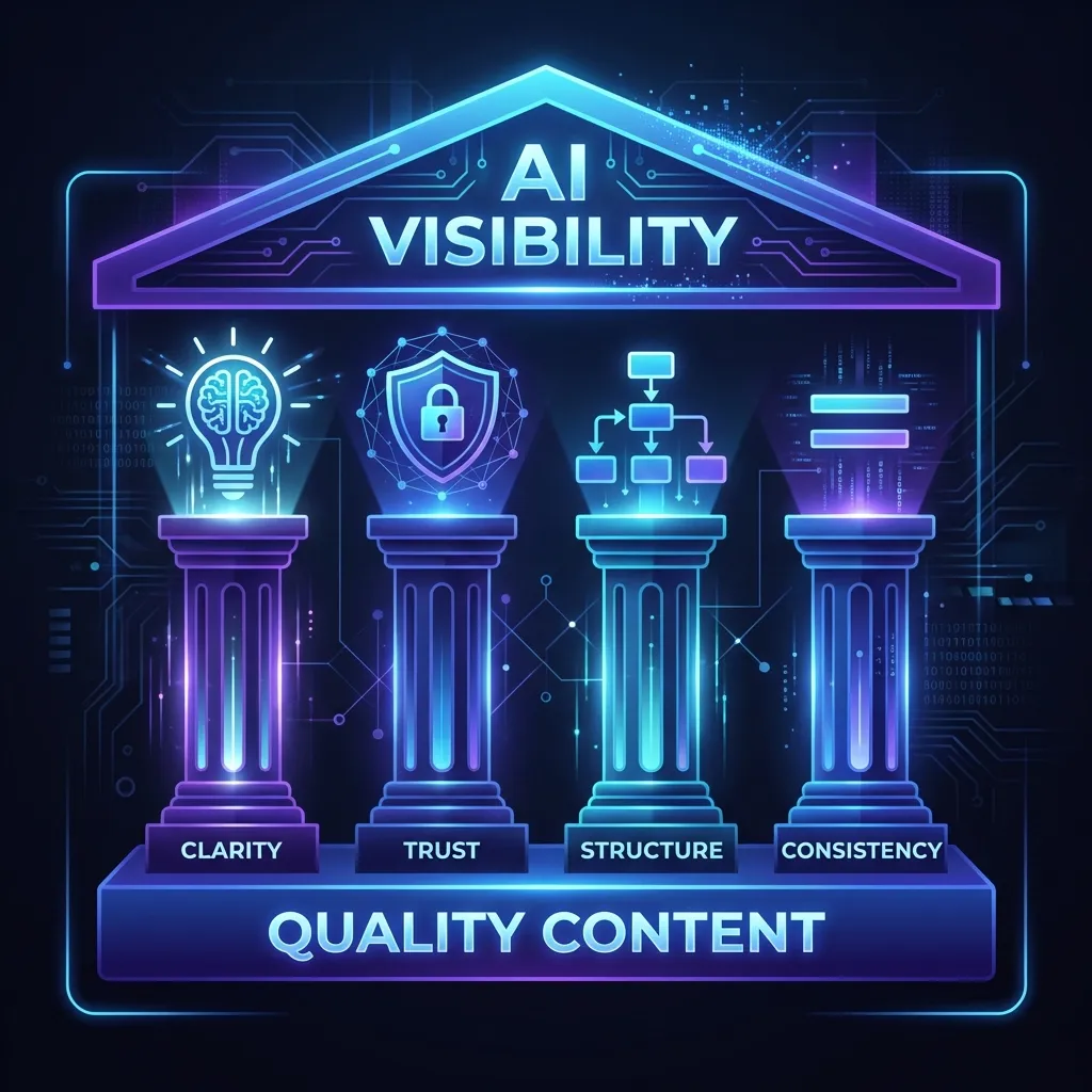 The four pillars of AI search visibility: Clarity, Trust, Extractability, and Consistency represented as foundation pillars supporting AI citations
