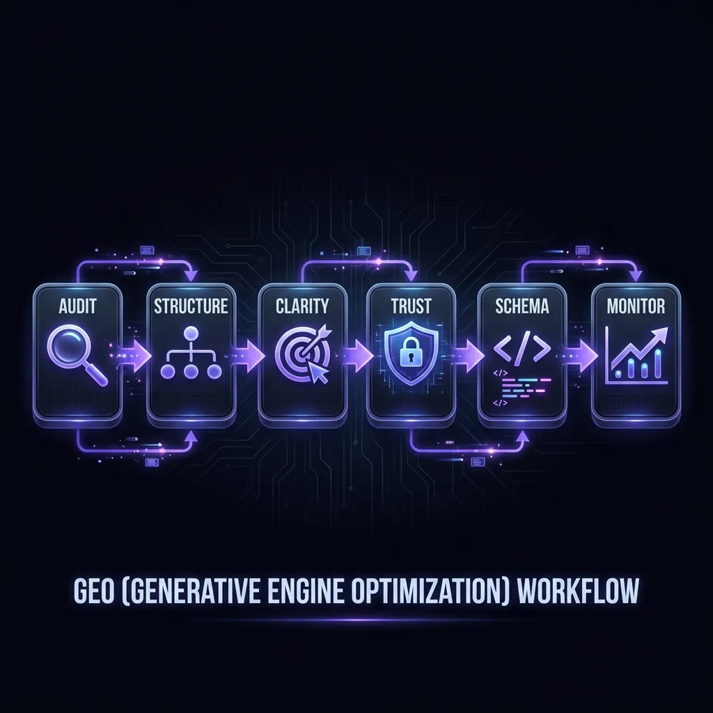 GEO optimization process flowchart showing 6 stages: Audit, Structure, Clarity, Trust, Schema, and Monitor - each connected by arrows showing the workflow from analyzing current state to tracking AI mentions