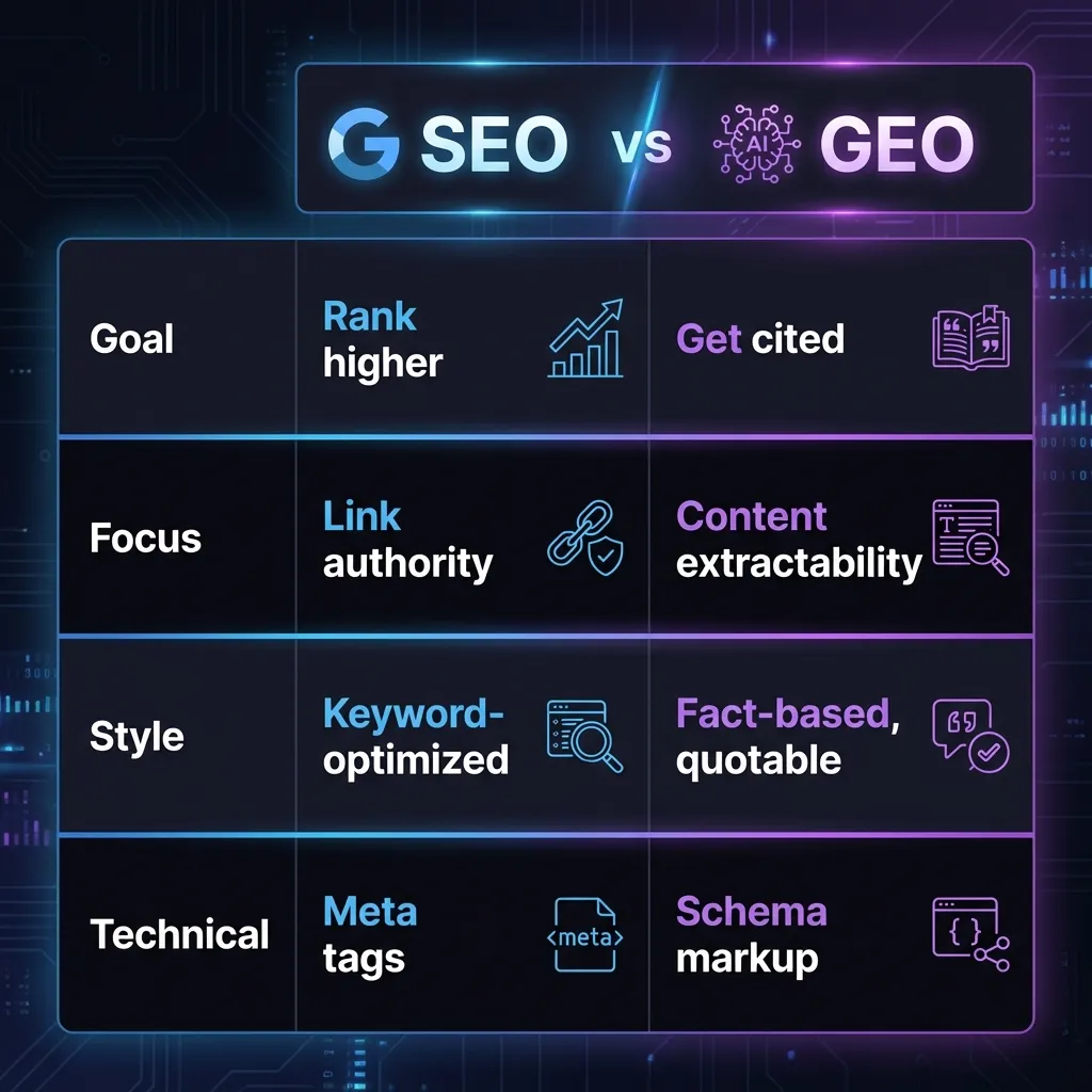 Side-by-side comparison of SEO targeting search engines versus GEO targeting AI systems like ChatGPT and Perplexity