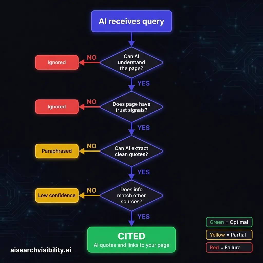 Flowchart showing AI decision process: User query leads to source evaluation (clarity check, trust check, extractability check, consistency check) with pass/fail branches leading to either citation or ignore outcomes