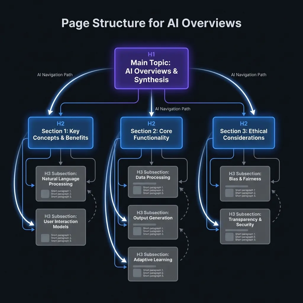 Proper page structure for AI Overviews: H1 matching search intent, H2s for sections, short paragraphs, bullet lists, and tables