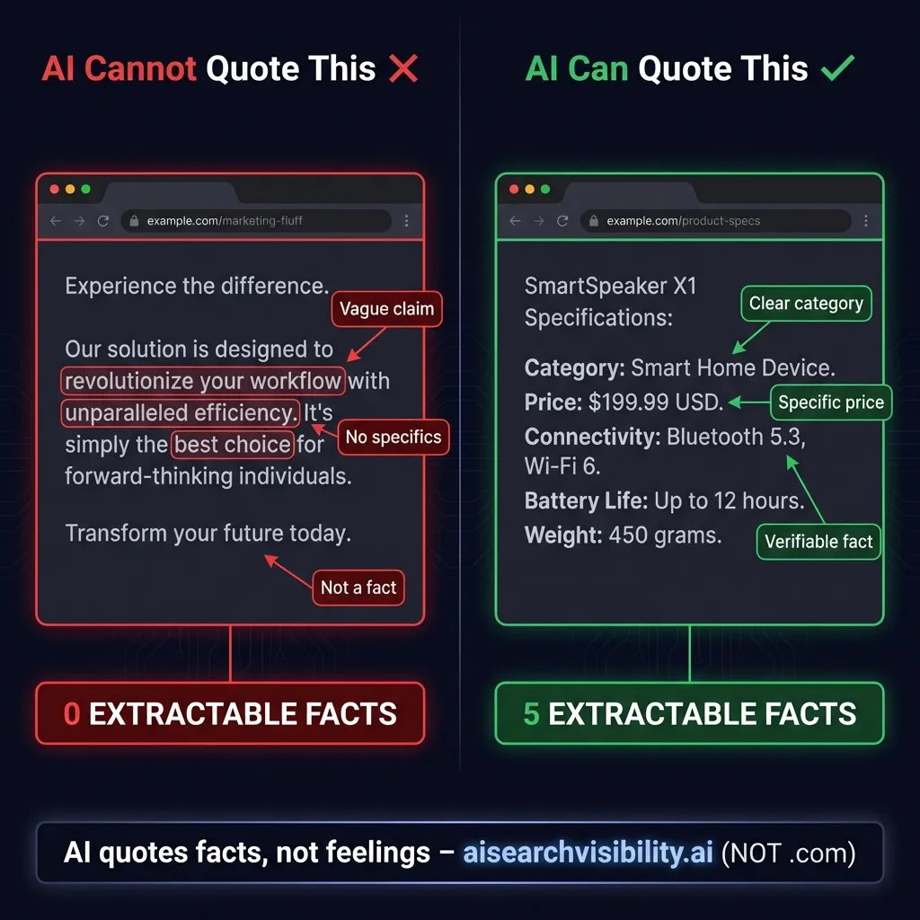 Visual showing bad content example with vague marketing language crossed out, versus good content example with specific facts, pricing, and clear product definition highlighted as AI-quotable