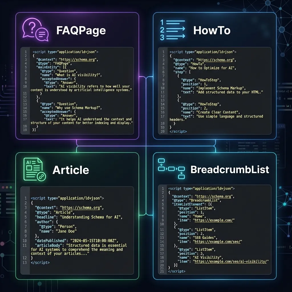 Schema markup types for AI visibility in a 2x2 grid: FAQPage schema for Q&A sections, HowTo schema for tutorials and guides, Article schema for blog posts, BreadcrumbList schema for navigation - each with code preview and use case description