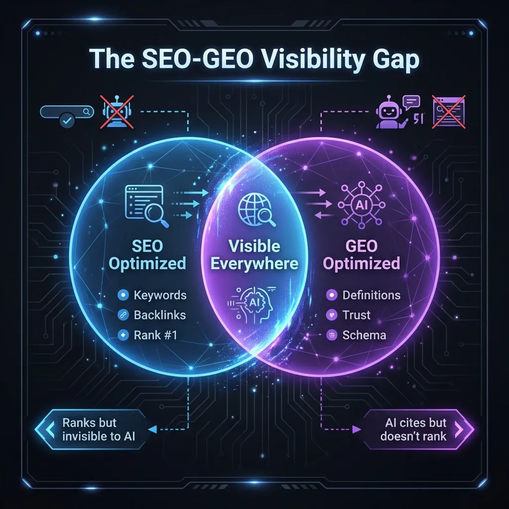 Venn diagram showing SEO and GEO overlap: SEO circle (keywords, backlinks, technical SEO, ranking) and GEO circle (clear definitions, trust signals, quotable content, schema markup) with small overlap labeled 'Visible Everywhere' showing quality content plus structure