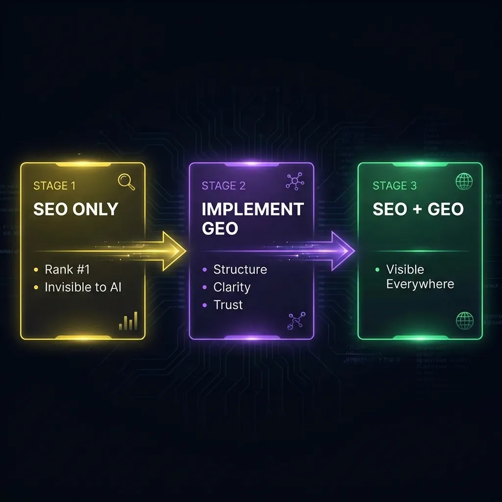 Three-stage roadmap showing path to full visibility: Stage 1 (yellow) SEO Only - ranking but invisible to AI, Stage 2 (purple) Implement GEO - add definitions, trust signals, schema, comparisons, Stage 3 (green) SEO plus GEO - visible everywhere with double checkmark