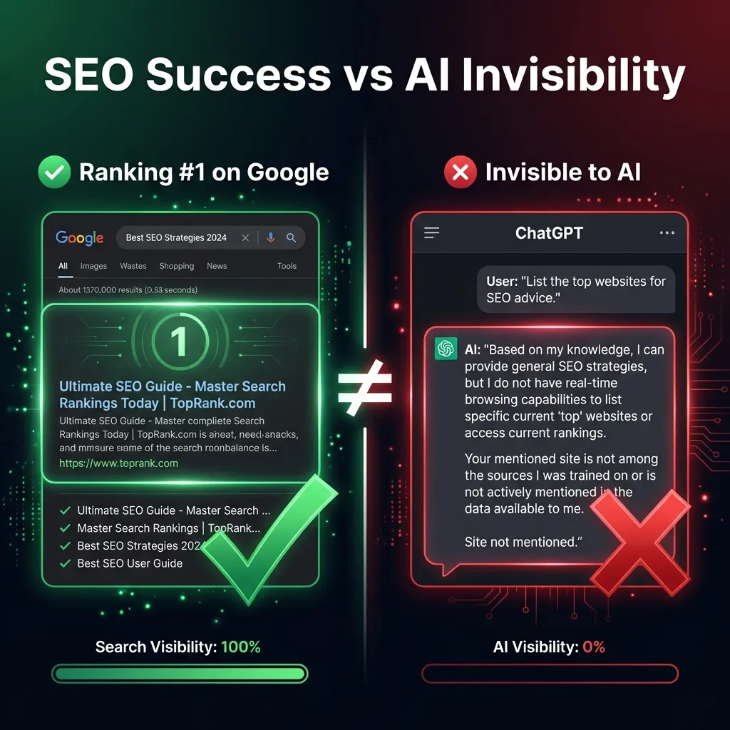 Split screen comparison showing SEO success (Ranking #1 on Google with green checkmark) versus AI invisibility (ChatGPT not mentioning the site with red X), demonstrating Strong SEO does not equal AI Visibility