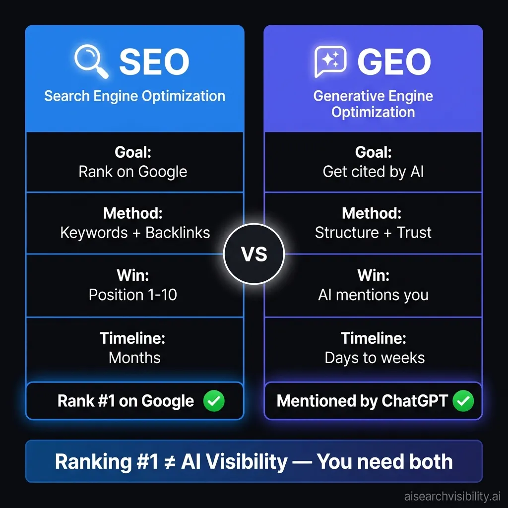 Side-by-side comparison diagram showing SEO optimization path (keywords, backlinks, rankings) versus GEO optimization path (structure, clarity, trust signals, AI citations)