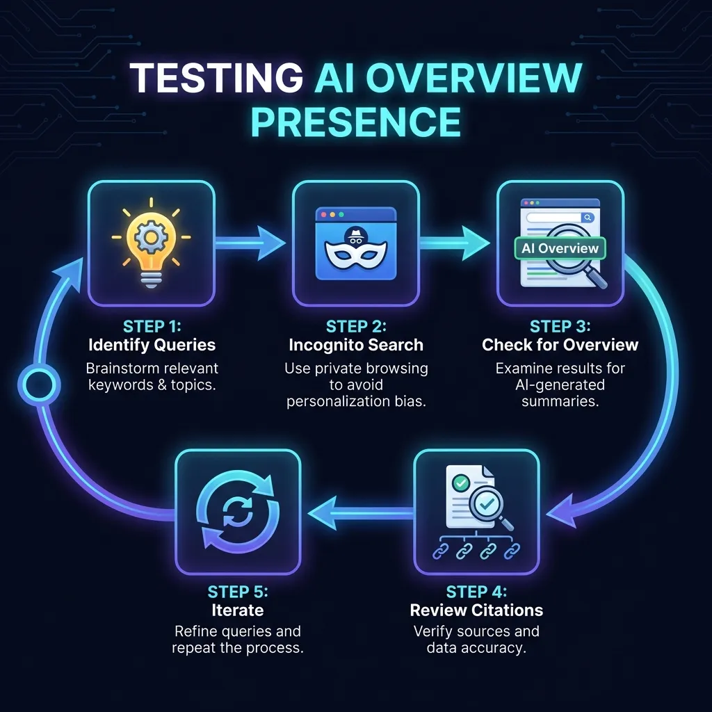 Five-step process to test AI Overview presence: identify queries, search incognito, check for overview, review citations, iterate