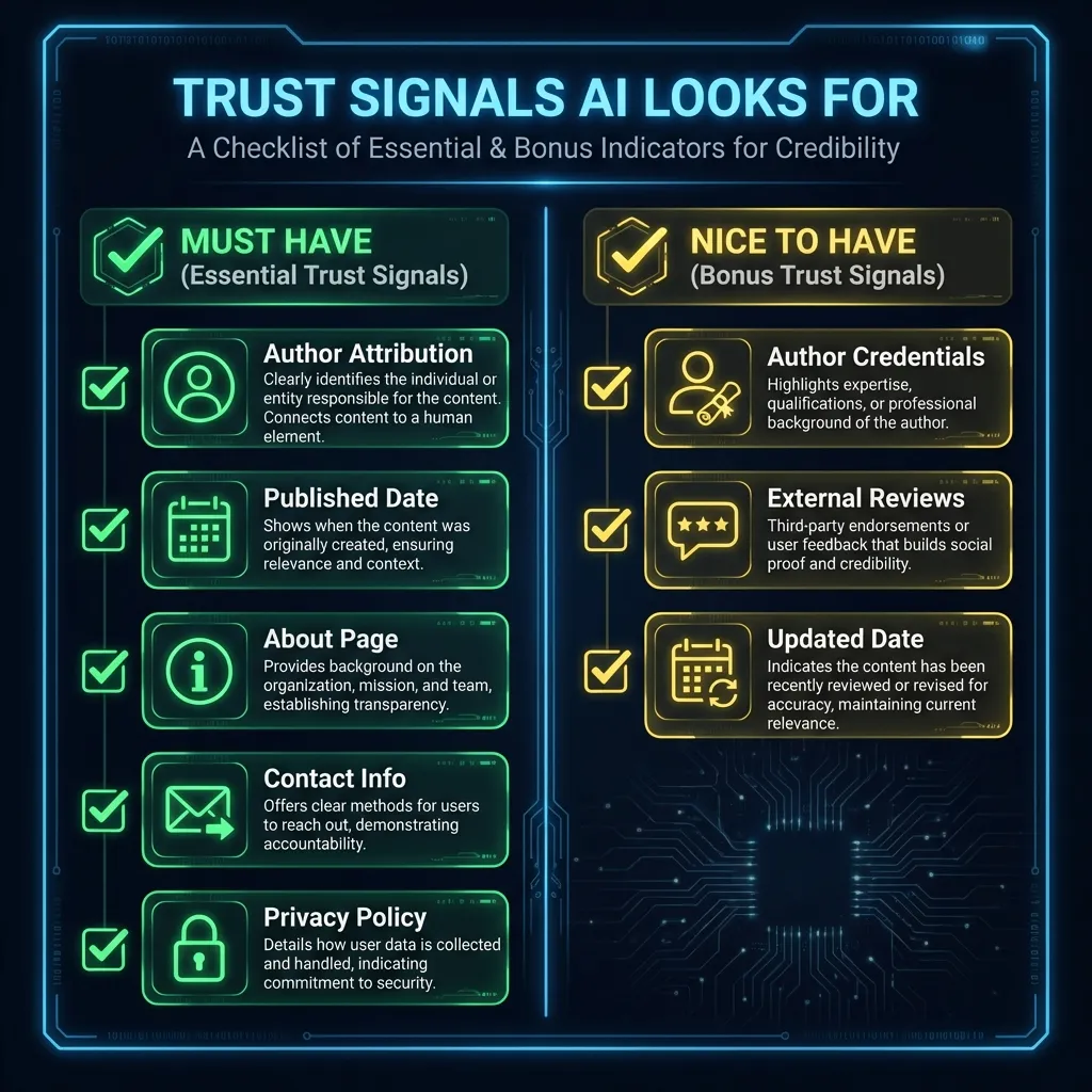 Trust signals AI looks for checklist: Must Have section with author attribution, published date, About page, contact info, privacy policy; Nice to Have section with author credentials, external reviews, updated date - each with icons and priority badges